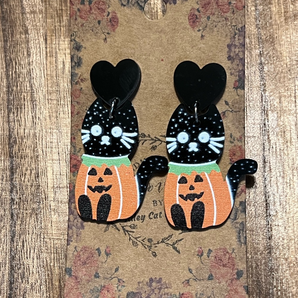 Black Cat Pumpkin Acrylic Earrings